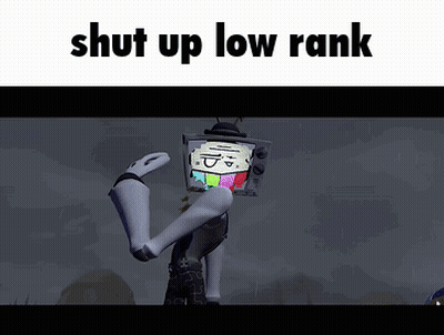 A Cartoon Character With A Tv On His Head And The Words `` Shut Up Low Rank '' Written Above It . GIF