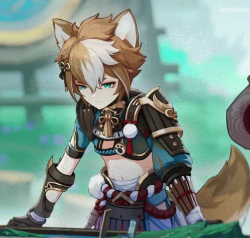 A Cartoon Character With A Wolf 'S Ears And A Sword With The Word Lunarous On The Bottom GIF