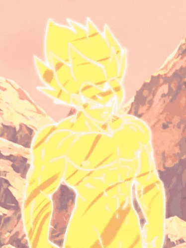A Cartoon Character With A Yellow And Orange Glowing Body Is Standing In Front Of Mountains GIF