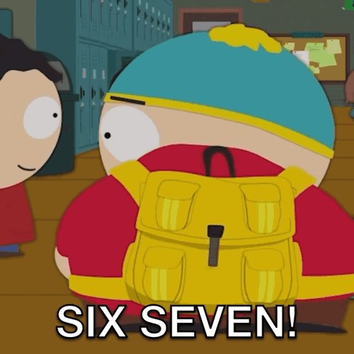 A Cartoon Character With A Yellow Backpack And The Words Six Seven On The Bottom GIF