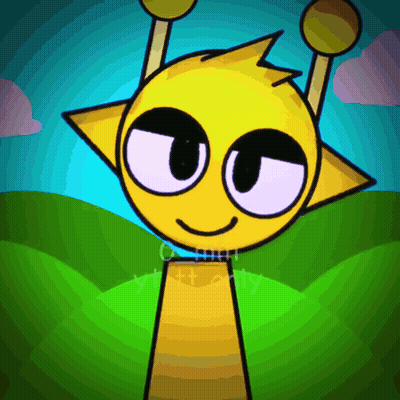 A Cartoon Character With A Yellow Face And Purple Eyes Is Standing In A Field With A Blue Sky In The Background GIF
