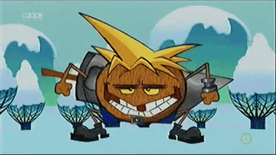 A Cartoon Character With A Yellow Mohawk And A Sword Has A Bbc Logo In The Corner GIF
