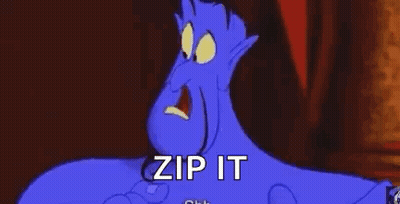 A Cartoon Character With A Zipper In His Mouth And The Words `` Zip It '' . GIF