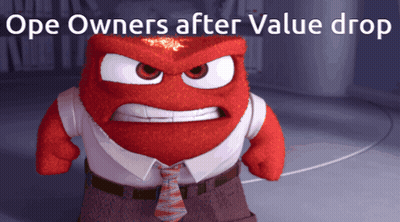 A Cartoon Character With An Angry Face And The Words " Ope Owners After Value Drop " GIF