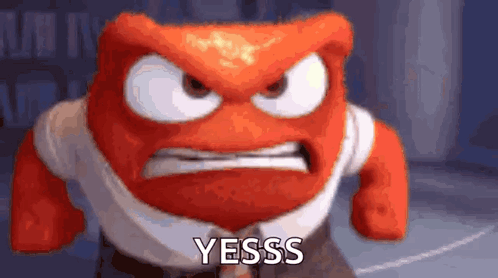 A Cartoon Character With An Angry Face And The Words `` Yesss '' Written Next To Him . GIF