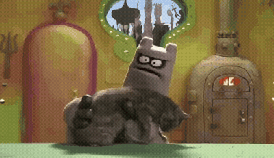 A Cartoon Character With An Angry Face Is Holding A Cat On Its Back . GIF