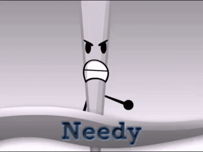 A Cartoon Character With An Angry Face Is Standing Next To A Sign That Says `` Needy '' . GIF