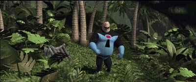 A Cartoon Character With An I On His Chest Stands In A Jungle GIF