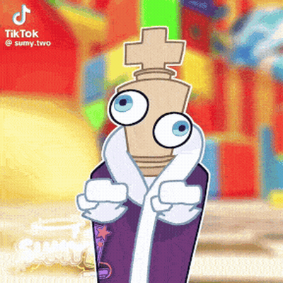 A Cartoon Character With Big Eyes And A Cross On His Head Is Wearing A Robe . GIF