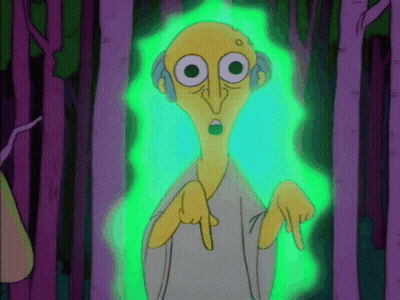 A Cartoon Character With Big Eyes And A Green Light Behind Him GIF