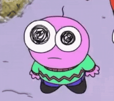 A Cartoon Character With Big Eyes And A Green Sweater Is Standing On A Purple Surface . GIF