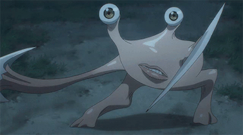 A Cartoon Character With Big Eyes And A Long Tail Is Standing On The Ground GIF