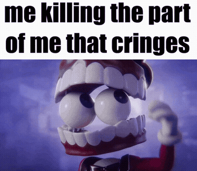A Cartoon Character With Big Eyes And A Mouth That Says Me Killing The Part Of Me That Crings GIF
