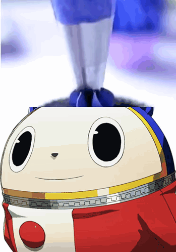 A Cartoon Character With Big Eyes And A Red And White Coat GIF
