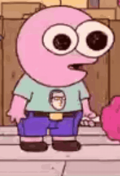 A Cartoon Character With Big Eyes And Glasses Is Wearing A Blue Shirt And Blue Shorts . GIF