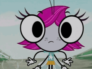 A Cartoon Character With Big Eyes And Pink Hair Has A Sad Look On Her Face GIF