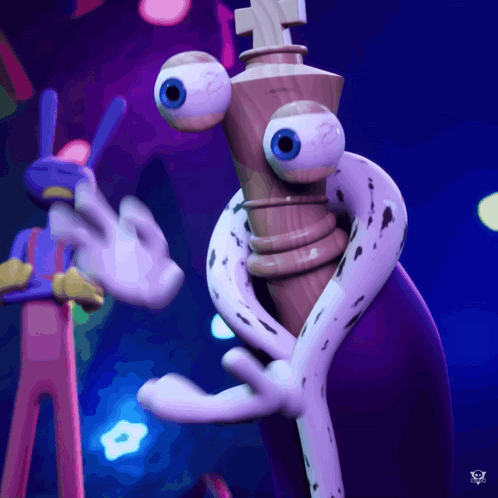 A Cartoon Character With Big Eyes Holding A Wooden Object GIF