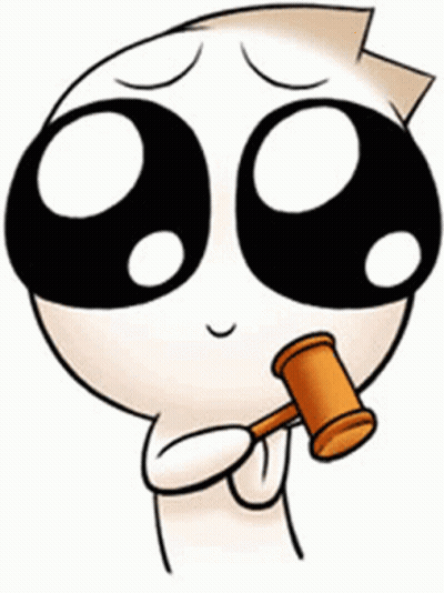 A Cartoon Character With Big Eyes Is Holding A Gavel In His Mouth . GIF