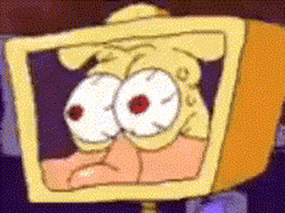 A Cartoon Character With Big Eyes Is Looking At Something GIF