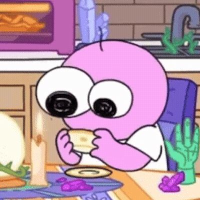 A Cartoon Character With Big Eyes Is Sitting At A Table Eating A Cookie . GIF