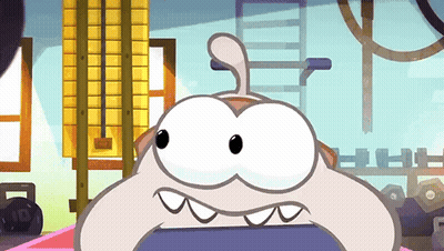 A Cartoon Character With Big Eyes Is Sitting On A Chair In A Gym GIF