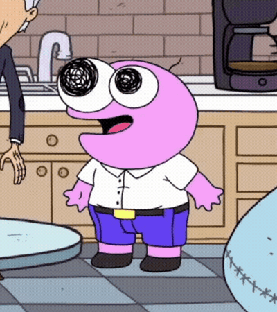 A Cartoon Character With Big Eyes Is Standing In A Kitchen Next To A Coffee Maker GIF