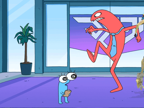 A Cartoon Character With Big Eyes Is Standing Next To A Cartoon Character With A Clipboard GIF