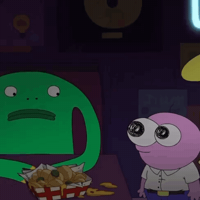 A Cartoon Character With Big Eyes Is Standing Next To A Green Monster With A Basket Of Chips GIF