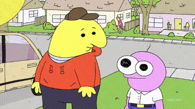A Cartoon Character With Big Eyes Is Talking To Another Character With Big Eyes GIF