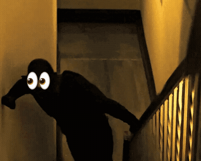 A Cartoon Character With Big Eyes Is Walking Down Stairs GIF