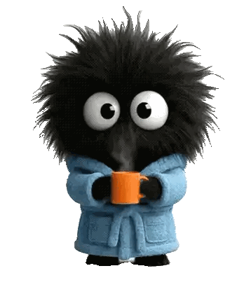 A Cartoon Character With Big Eyes Is Wearing A Blue Robe And Holding An Orange Cup Of Coffee Sticker