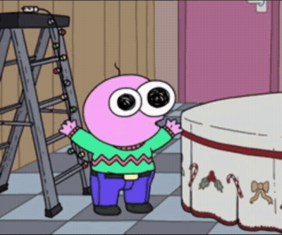 A Cartoon Character With Big Eyes Standing Next To A Ladder GIF