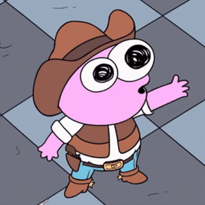 A Cartoon Character With Big Eyes Wearing A Cowboy Hat And Vest GIF