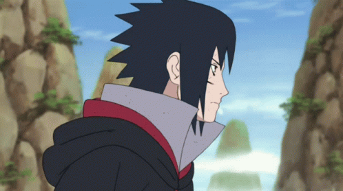 A Cartoon Character With Black Hair And A Red Collar Stands In Front Of A Mountain GIF