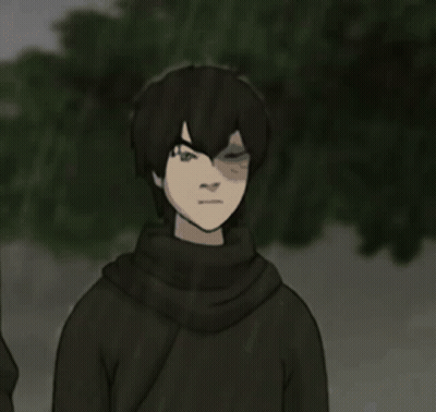A Cartoon Character With Black Hair And A Scarf Around His Neck Is Standing In The Dark GIF