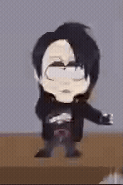 A Cartoon Character With Black Hair And Glasses Is Standing On A Wooden Table . GIF