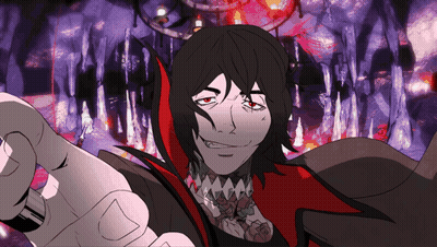 A Cartoon Character With Black Hair And Red Eyes Is Pointing GIF