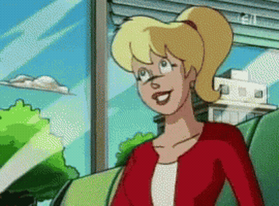 A Cartoon Character With Blonde Hair And A Red Jacket GIF
