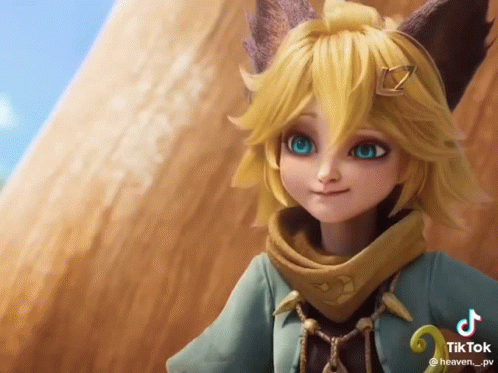 A Cartoon Character With Blonde Hair And Blue Eyes Is Standing In Front Of A Rock . GIF