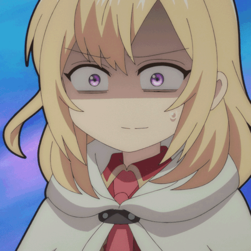 A Cartoon Character With Blonde Hair And Purple Eyes Making A Funny Face GIF