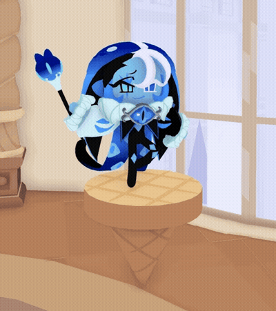 a cartoon character with blue and white hair is standing on a ice cream cone