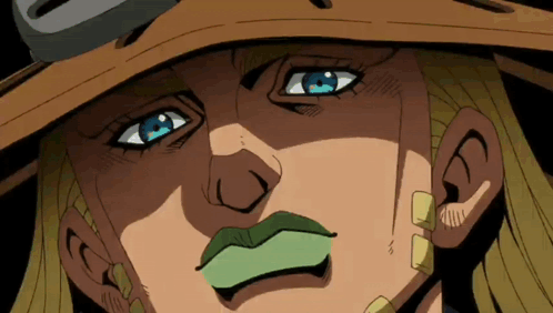 A Cartoon Character With Blue Eyes And Green Lips GIF