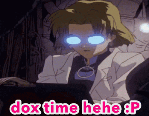 A Cartoon Character With Blue Eyes And The Words Dox Time Hele : P GIF
