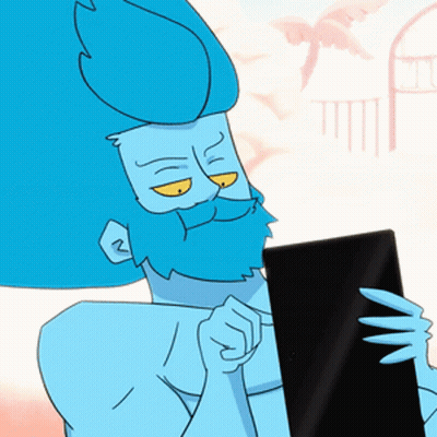 A Cartoon Character With Blue Hair And A Beard Is Holding A Tablet GIF