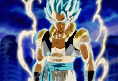 A Cartoon Character With Blue Hair And A Blue Ribbon Around His Waist GIF