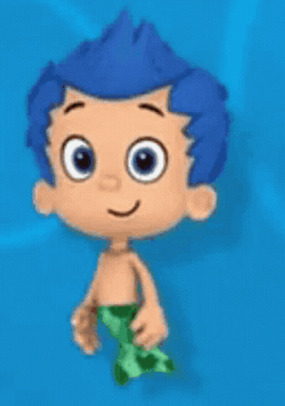 A Cartoon Character With Blue Hair And A Green Tail Is Standing On A Blue Surface . GIF