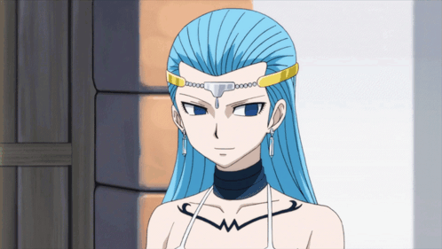 A Cartoon Character With Blue Hair And A Necklace GIF