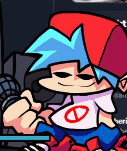 A Cartoon Character With Blue Hair And A Red Hat Is Holding A Microphone . GIF