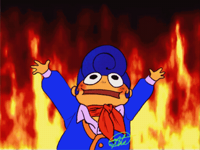 A Cartoon Character With Blue Hair And A Red Scarf GIF