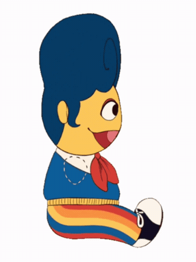 A Cartoon Character With Blue Hair And A Red Scarf Is Sitting On A Rainbow GIF